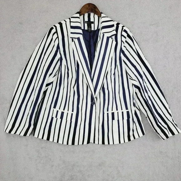 Lane Bryant Womens Striped Blazer Jacket Size 24 White & Navy Cotton Blend 7CT - Picture 1 of 7